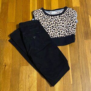 Guess Black Sexy Curve Distressed & Embellished Jeans W/Bonus T-Shirt!